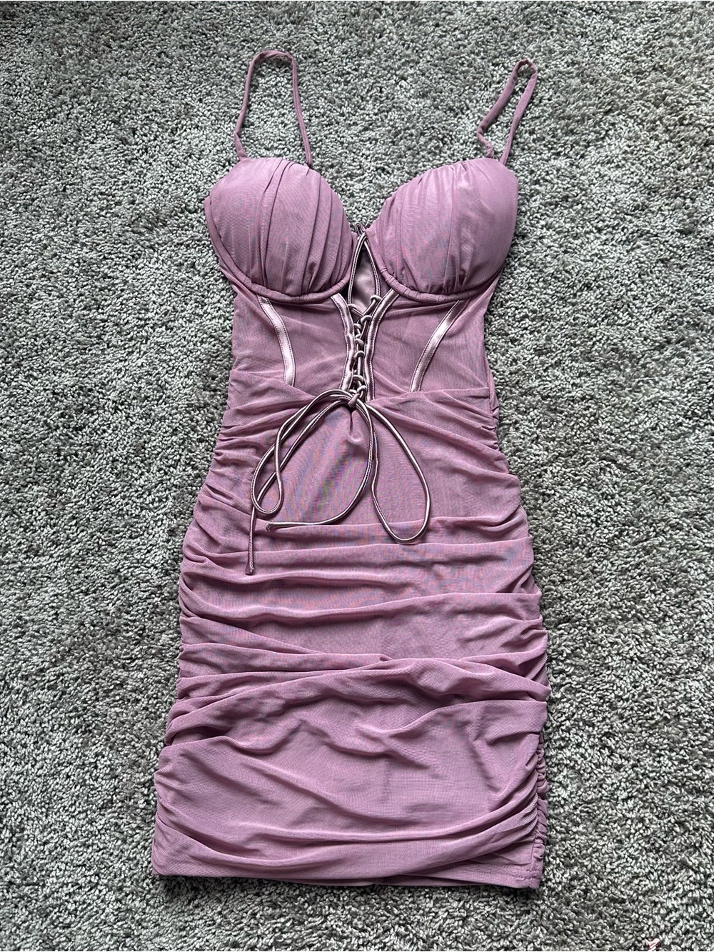 Ruched Mauve Lace-Up Mini Dress